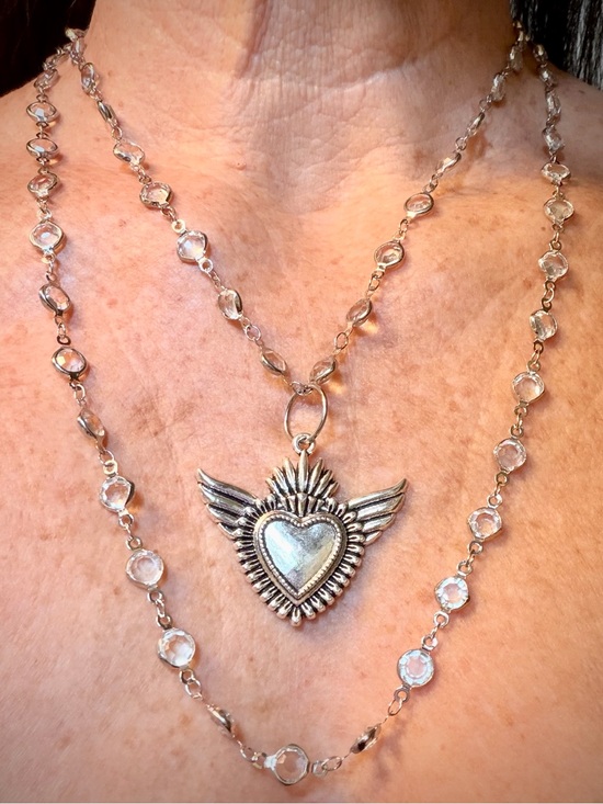 Handmade Jewelry - Silver winged Heart Necklace - Women's Silver & rhinestone Magnetic clasp
